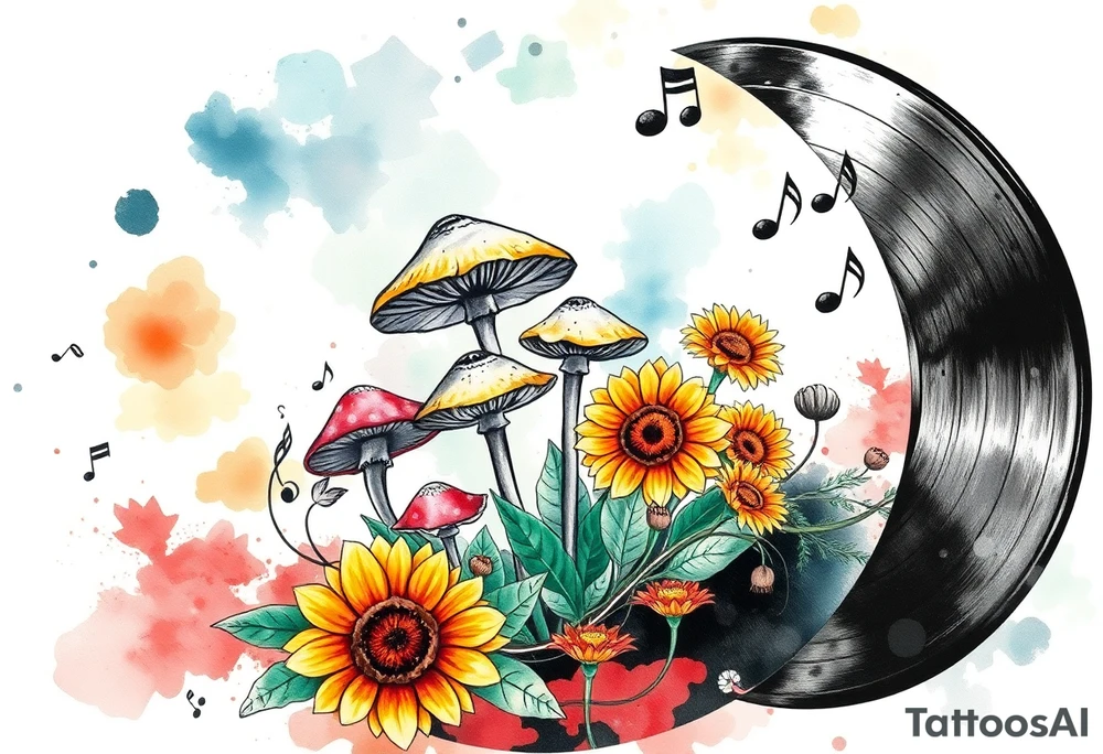vinyl record with mushrooms, sunflowers, and music notes tattoo idea