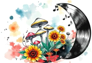 vinyl record with mushrooms, sunflowers, and music notes tattoo idea