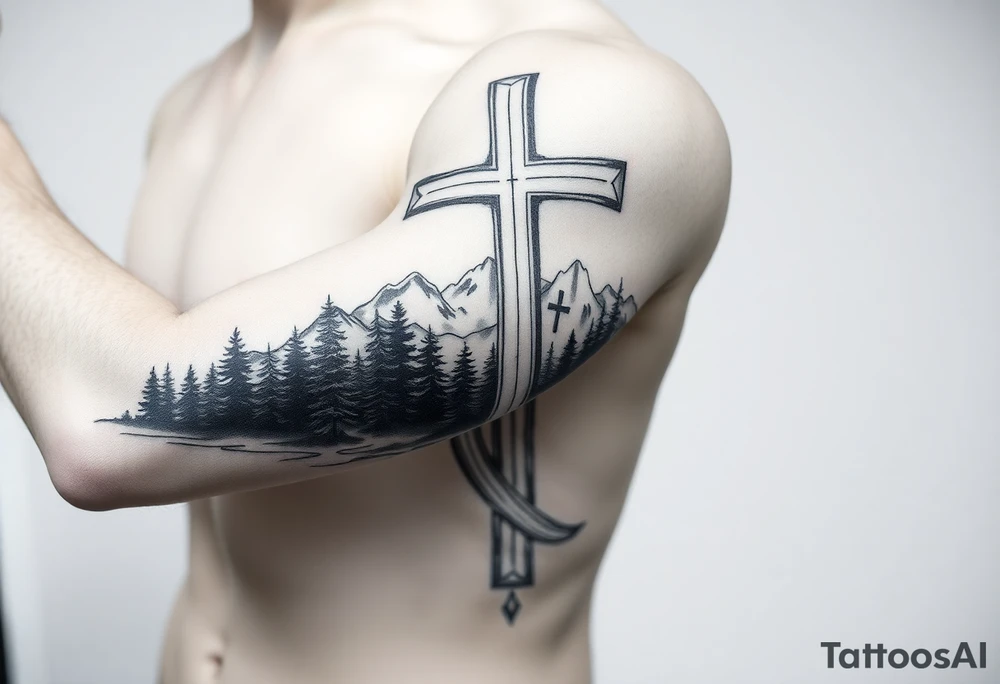 russian christian orthodox cross with the diagonal line at the bottom with a light forrest with a light mountainous setting tattoo idea