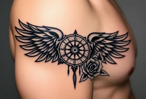 Wing with compass  a clock  with roses tattoo idea