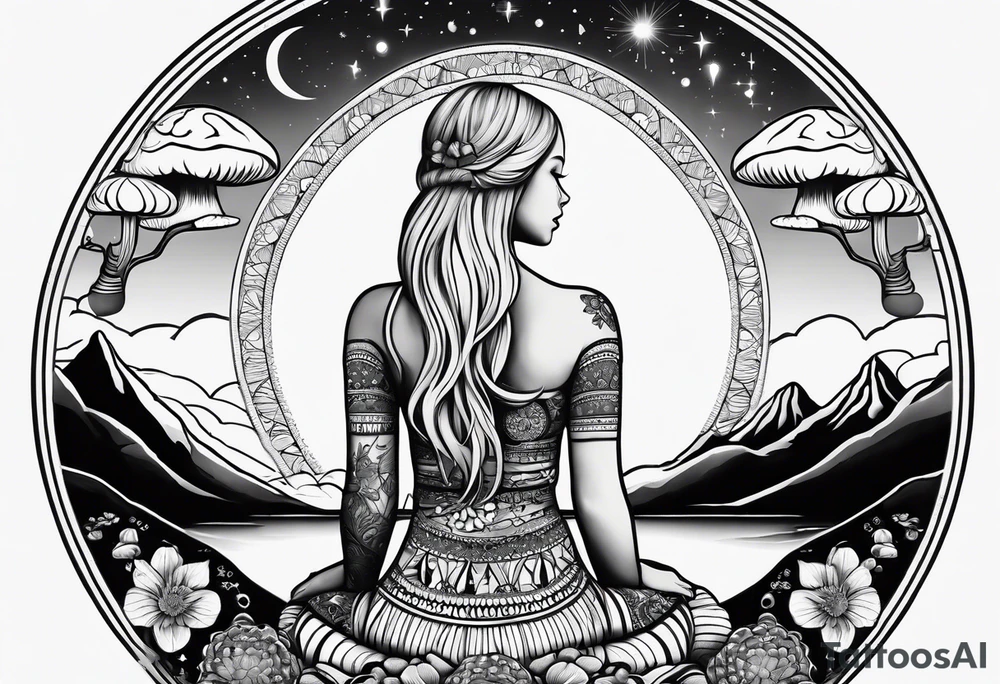 Straight blonde hair girl meditating facing away toward mountains surrounded by mushrooms crescent moon mandala circular design black and white striped dress tattoo idea