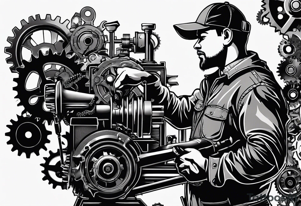 Create a silhouette of a mechanic working on a machine, surrounded by mechanical elements like gears and tools. tattoo idea Create a silhouette of a mechanic working on a machine, surrounded by mechanical elements like gears and tools. tattoo idea