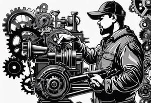 Create a silhouette of a mechanic working on a machine, surrounded by mechanical elements like gears and tools. tattoo idea