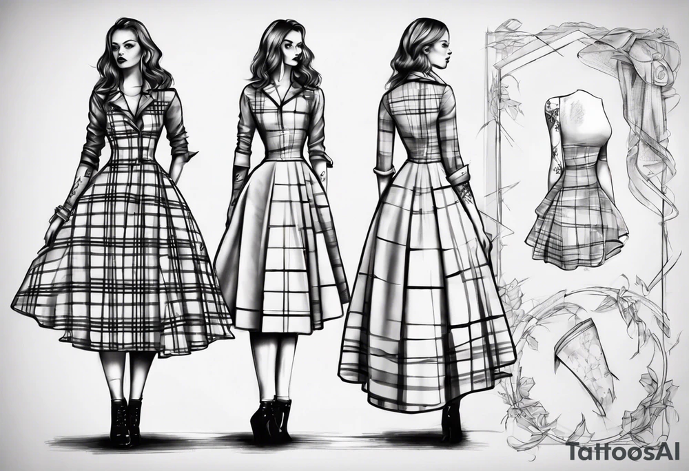 sketch of a tartan dress tilted to the left
 on a tailor's model tattoo idea