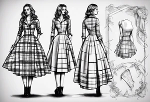 sketch of a tartan dress tilted to the left
 on a tailor's model tattoo idea
