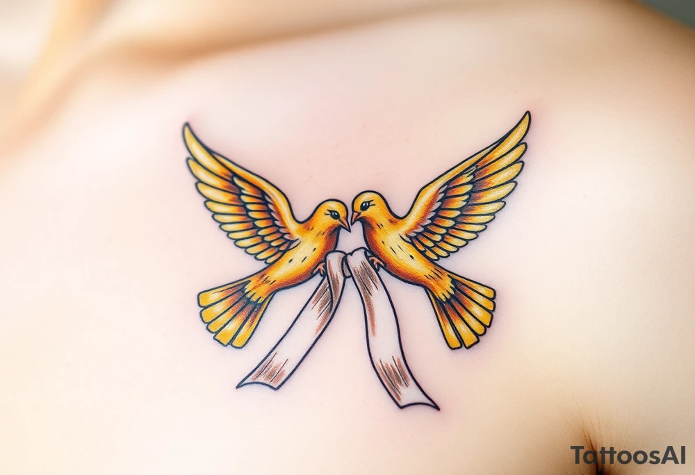 A pair of golden doves holding a soft white silk ribbon, with their wings gently touching tattoo idea