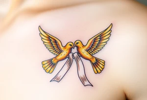 A pair of golden doves holding a soft white silk ribbon, with their wings gently touching tattoo idea