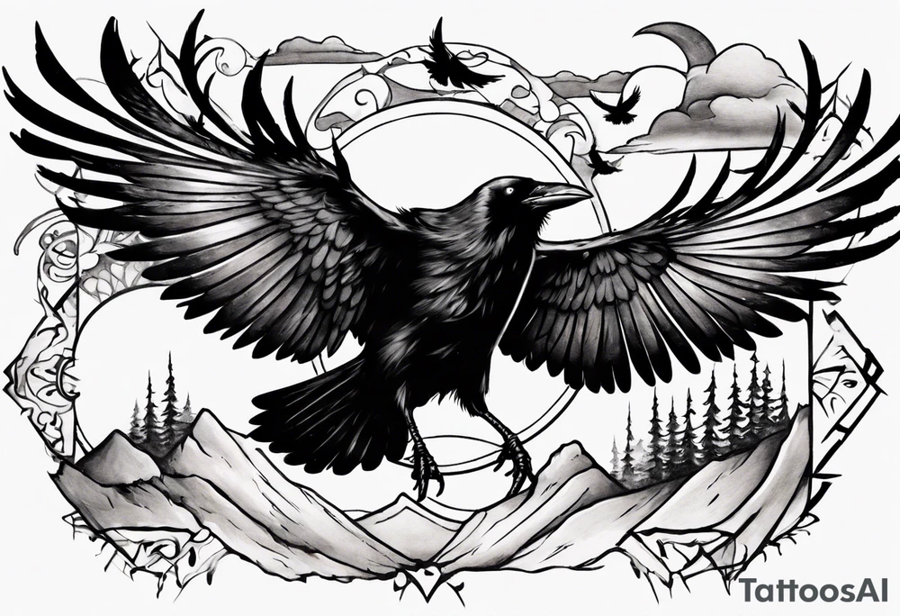 raven flying toward foreground tattoo idea