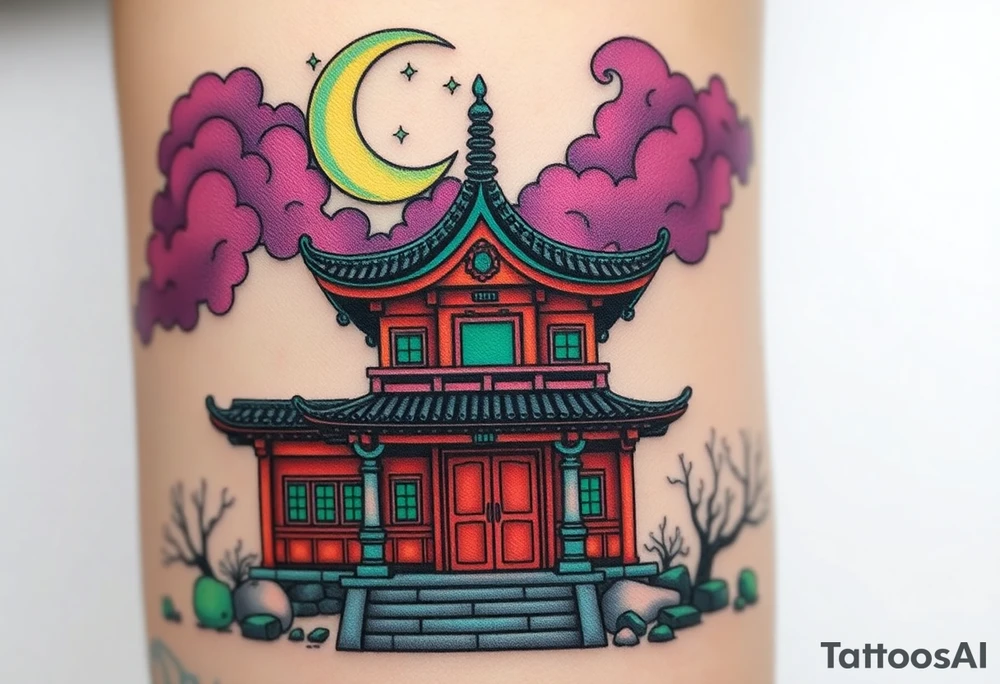 Tim Burton’s haunted pastel Tokyo shrine is abandoned and dripping with muted reds, dusty pinks, and eerie green glow.purple and cyan smokey clouds swirl in the crescent moonlit sky thats sprinkled with stars tattoo idea tattoo idea