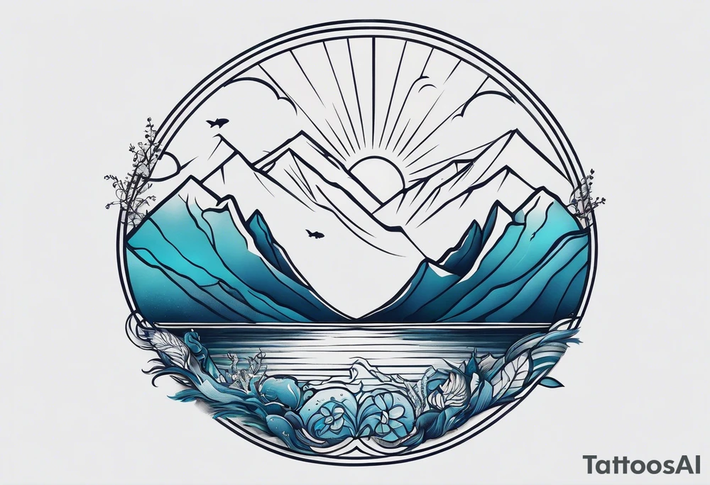 This is a minimalistic tattoo split into 2 distinct sections; a top half and a bottom half. The top half is a mountain in Norway with a windy mountain bike trail wrapping around the mountain. The bottom half of the tattoo depicts an underwater ocean scene, featuring blue water and sea life. tattoo idea