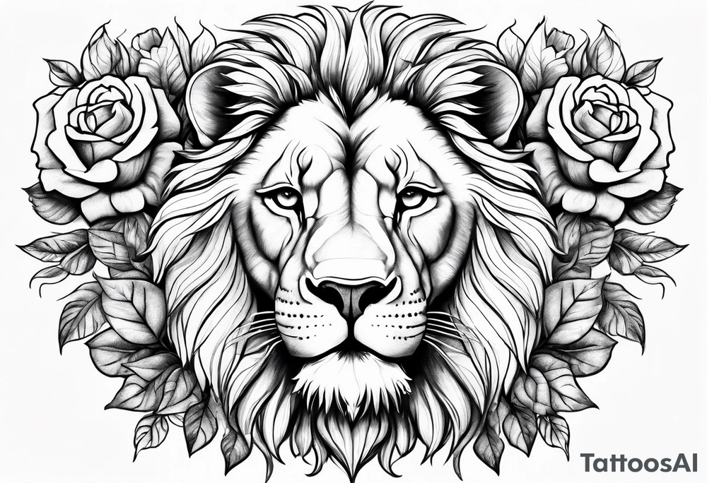 Stoic lion with roses tattoo idea