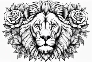 Stoic lion with roses tattoo idea