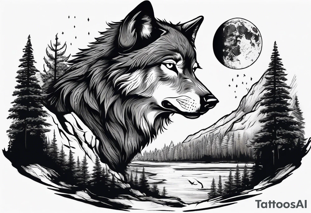 Wolf face a river under it the moon passing through big pine trees tattoo idea