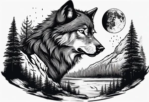 Wolf face a river under it the moon passing through big pine trees tattoo idea