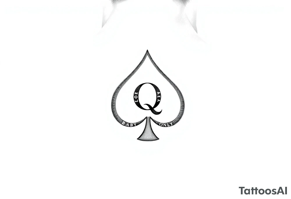 A spade womb tattoo with a Q in the center, with three points around the outside. The first reading, "BLACK". The second reading, "BABY". The third reading, "ONLY". tattoo idea