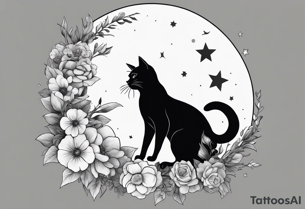Crescent moon made out of flowers with the head of a photo realistic black cat facing forward and sailor Moon vibes tattoo idea
