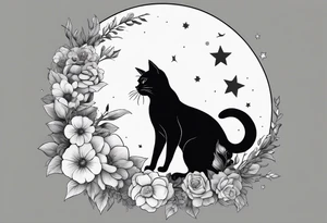 Crescent moon made out of flowers with the head of a photo realistic black cat facing forward and sailor Moon vibes tattoo idea
