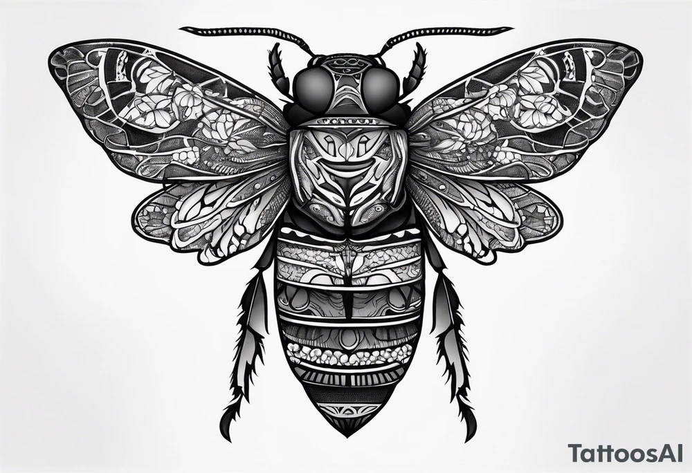 Cicada stippled and shaded with skulls on top and bottom tattoo idea