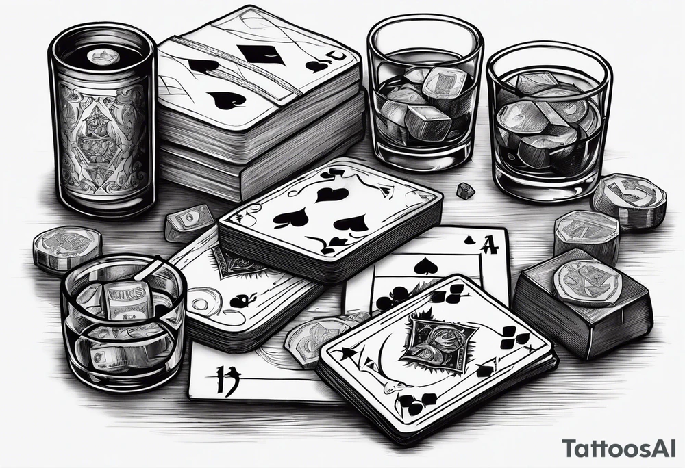 cards, money, dice, and whiskey on ice, tattoo idea