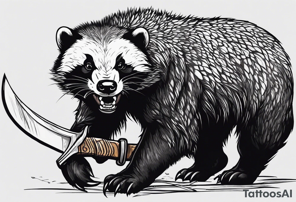 Draw me psychopath Fearless Honey Badger/Berserker with aggressive full body, killer face with a scary smile, very long nails and he attacks like a Bloody Assassin/Warrior/Gladiator to us and also, he has very deadly looking. He fights with his nails only. Everybody scares after their first sight. Give me horror type Badger Tattoo. I want to see his Realistic full body with no weapons. You can show destruction at the back. tattoo idea