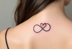 A simple gray infinity outline encircling a small rose-gold heart. tattoo idea