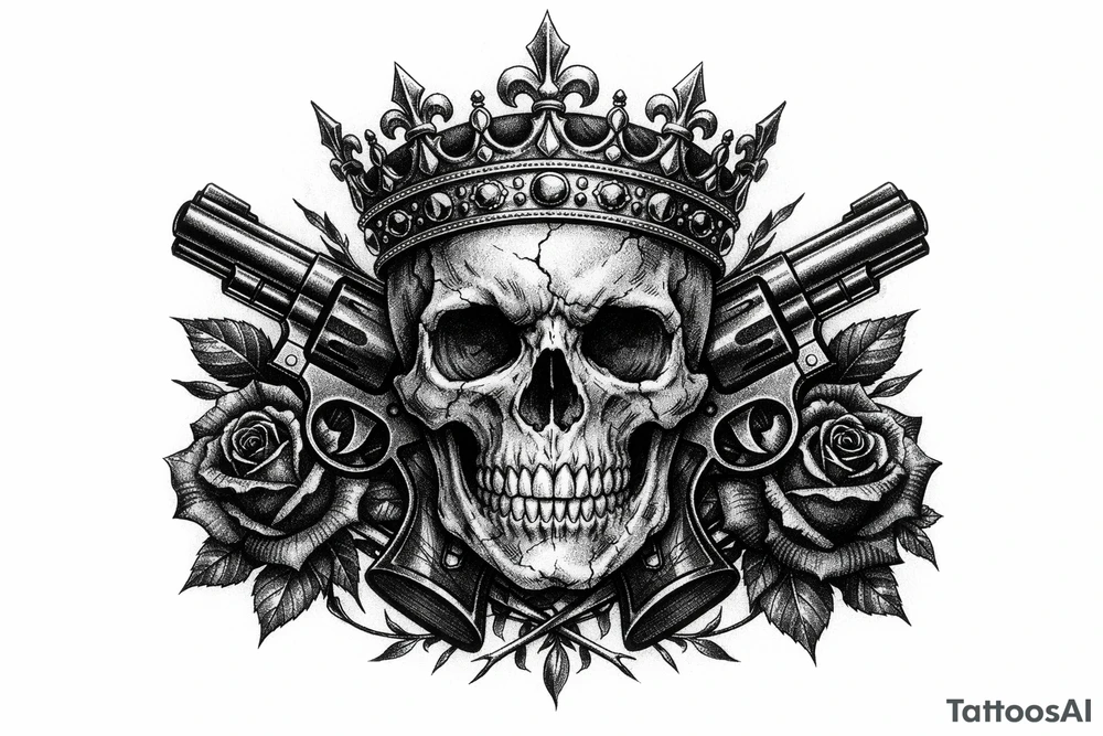 Close-up skull, ornate crown, revolvers, dark roses, realistic tattoo style. tattoo idea