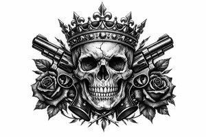 Close-up skull, ornate crown, revolvers, dark roses, realistic tattoo style. tattoo idea