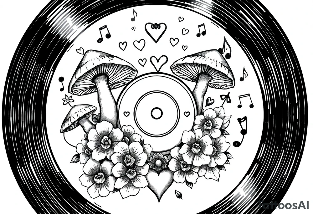 vinyl record with mushrooms, flowers, hearts, and music notes tattoo idea