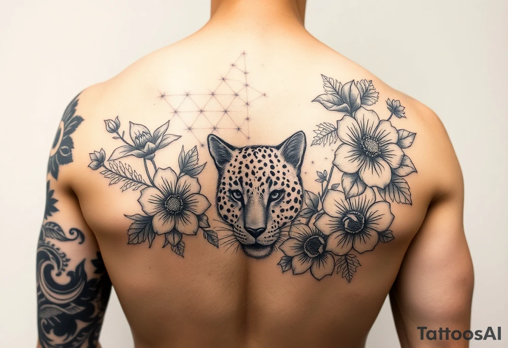 Arm sleeve with a variety of flowers and leopard filler tattoo idea