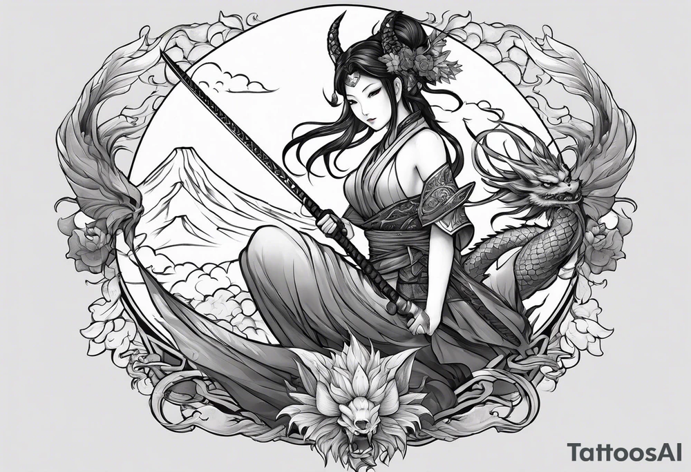 warrior beautiful fairy nymph with a full body with a sword and a full dragon with a mountain with clouds and a Japanese building background tattoo idea