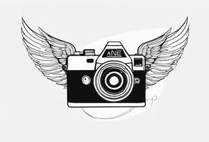 Camera at angle with angel wings tattoo idea