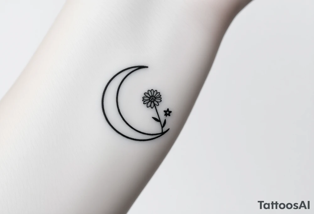 Small black and white tattoo waxing crescent moon with small Daisy birth flower and tiny leo gliph tattoo idea