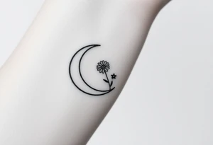 Small black and white tattoo waxing crescent moon with small Daisy birth flower and tiny leo gliph tattoo idea