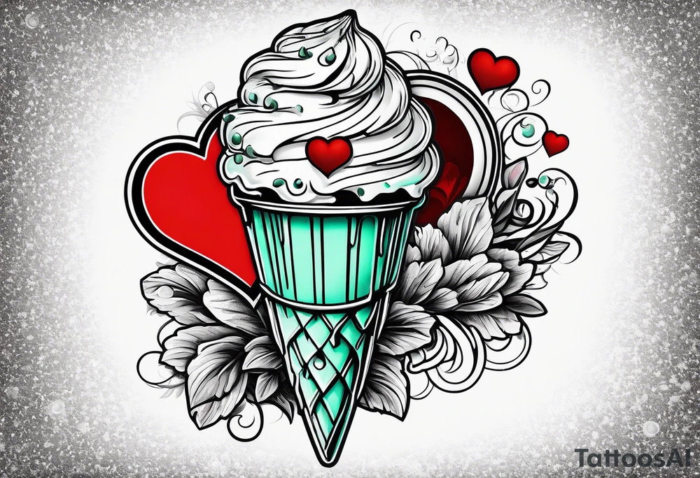 mint chocolate chip ice cream cone with small red heart on it somewhere. tattoo idea