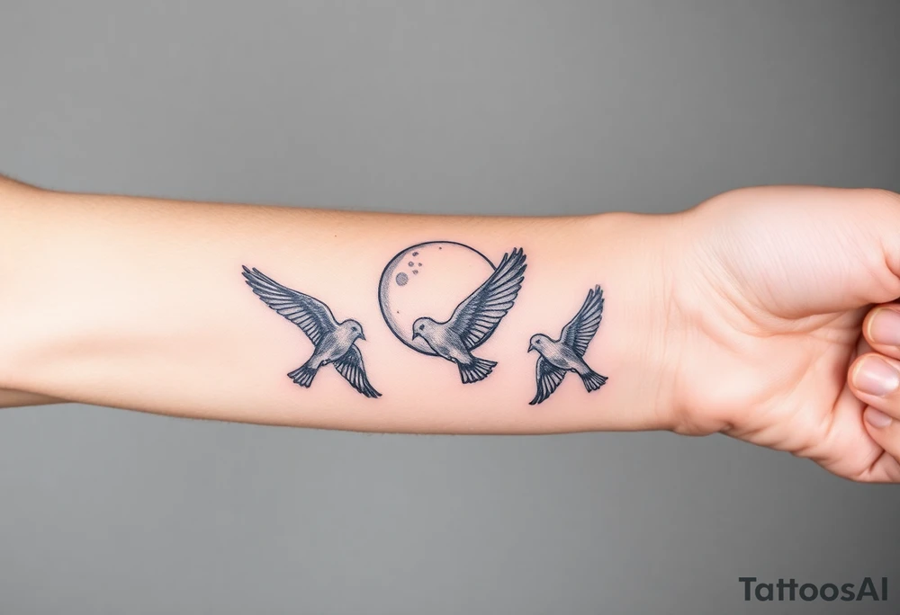 5 birds, the moon, flying tattoo idea