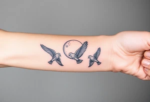 5 birds, the moon, flying tattoo idea