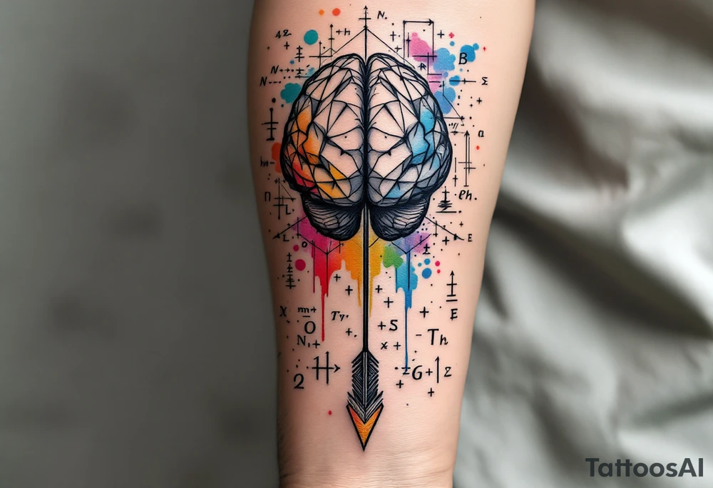 A front-seen brain in geometric and straight lines, math symbols arround. A detailed arrow crossing from below with watercolors leaking from its tip. Around of the main tattoo, math and physics formulas fill the space. tattoo idea