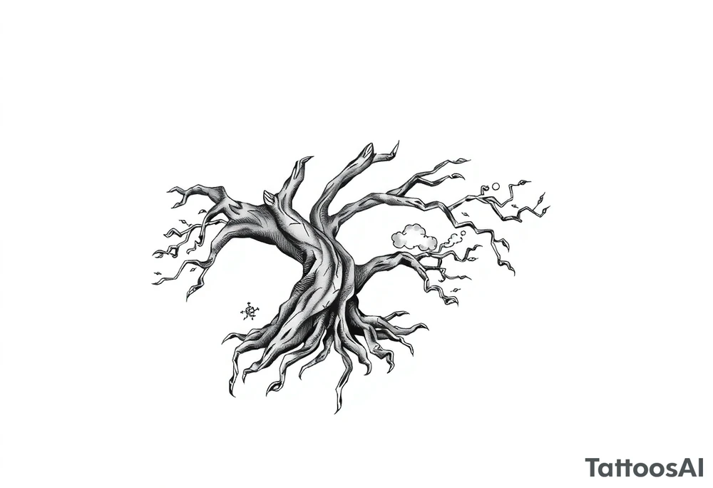 right arm sleeve, giant tree branch made of stone, clouds and lightning mixed throughout, tattoo idea