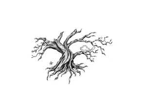 right arm sleeve, giant tree branch made of stone, clouds and lightning mixed throughout, tattoo idea