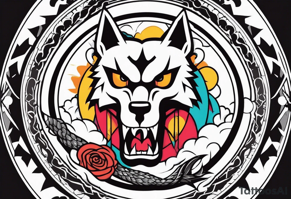 A Hammer and a thunder inside a circle. Beside the circle a skull, a Wolf and a snake tattoo idea