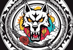 A Hammer and a thunder inside a circle. Beside the circle a skull, a Wolf and a snake tattoo idea