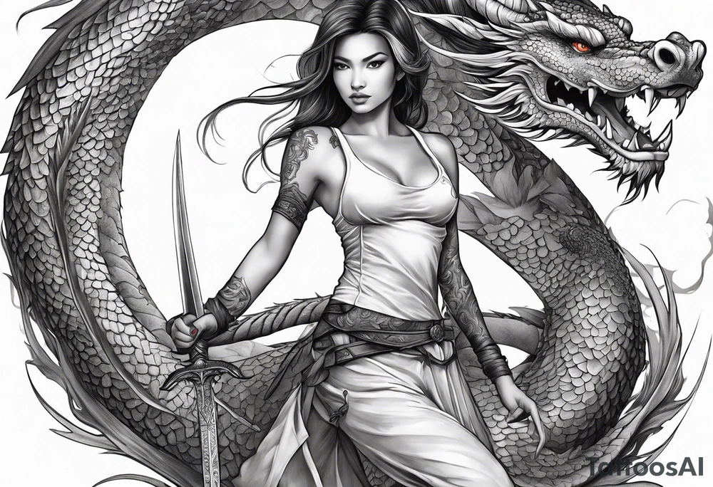 Women holding a sword powerful beauty a dragon behind her fiercely tattoo idea