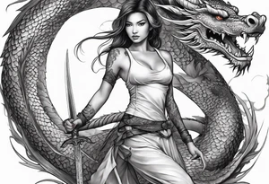 Women holding a sword powerful beauty a dragon behind her fiercely tattoo idea
