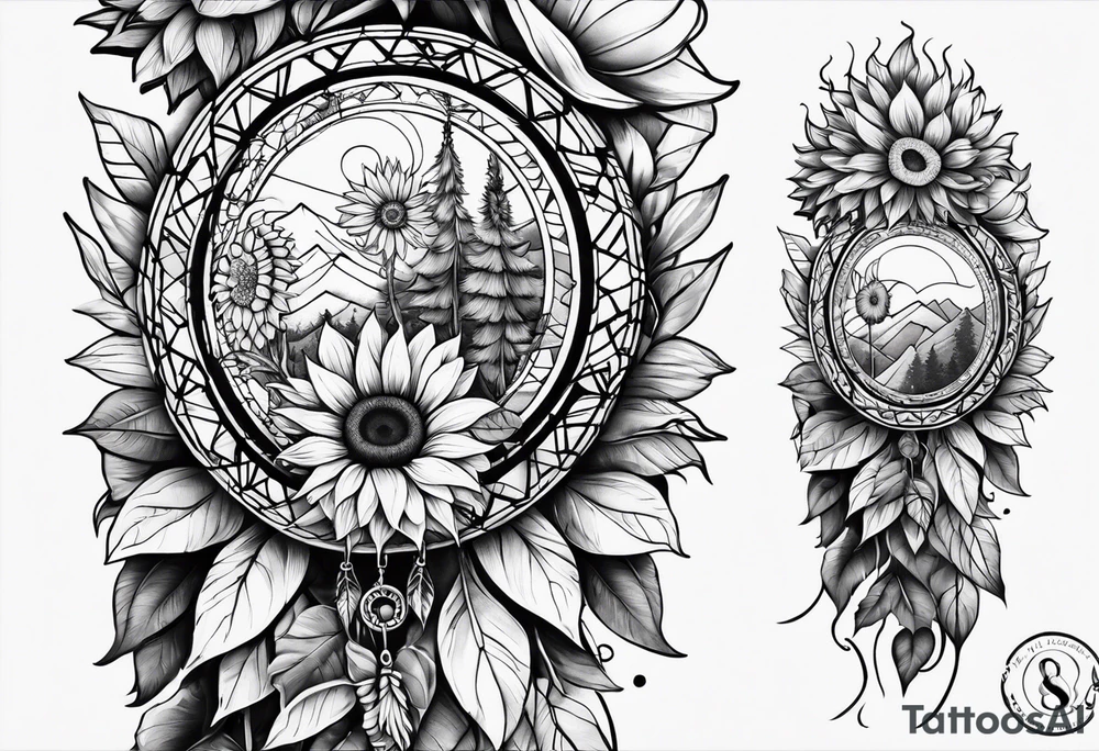 Dreamcatcher and sunflowers forearm sleeve tattoo idea