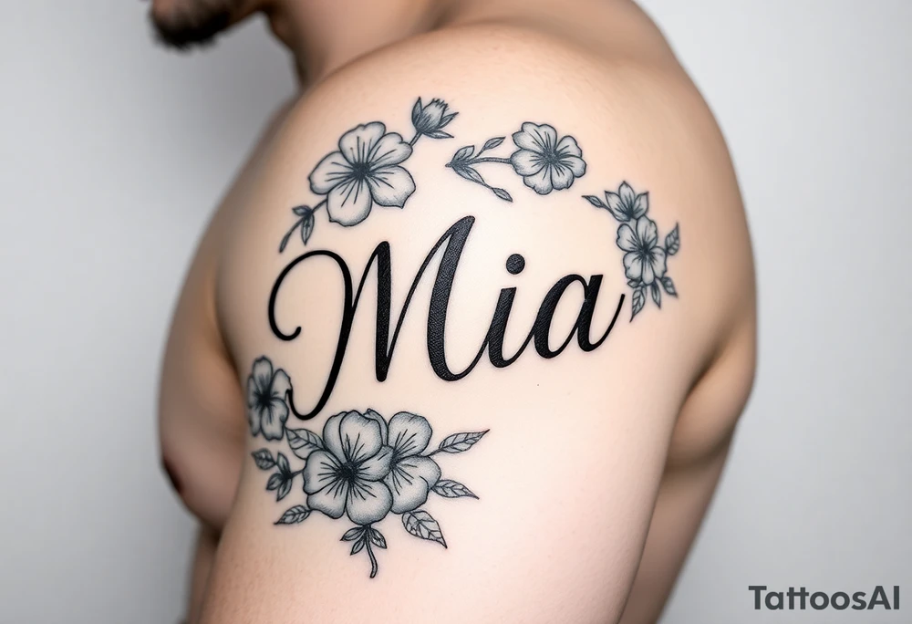 The name Mia, surrounded by flowers and shamrocks tattoo idea