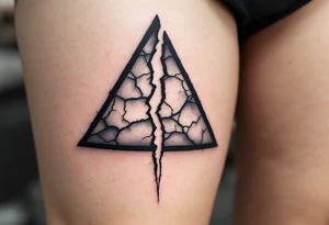 A broken triangle in gray ink with cracked textures, representing resilience and healing. tattoo idea
