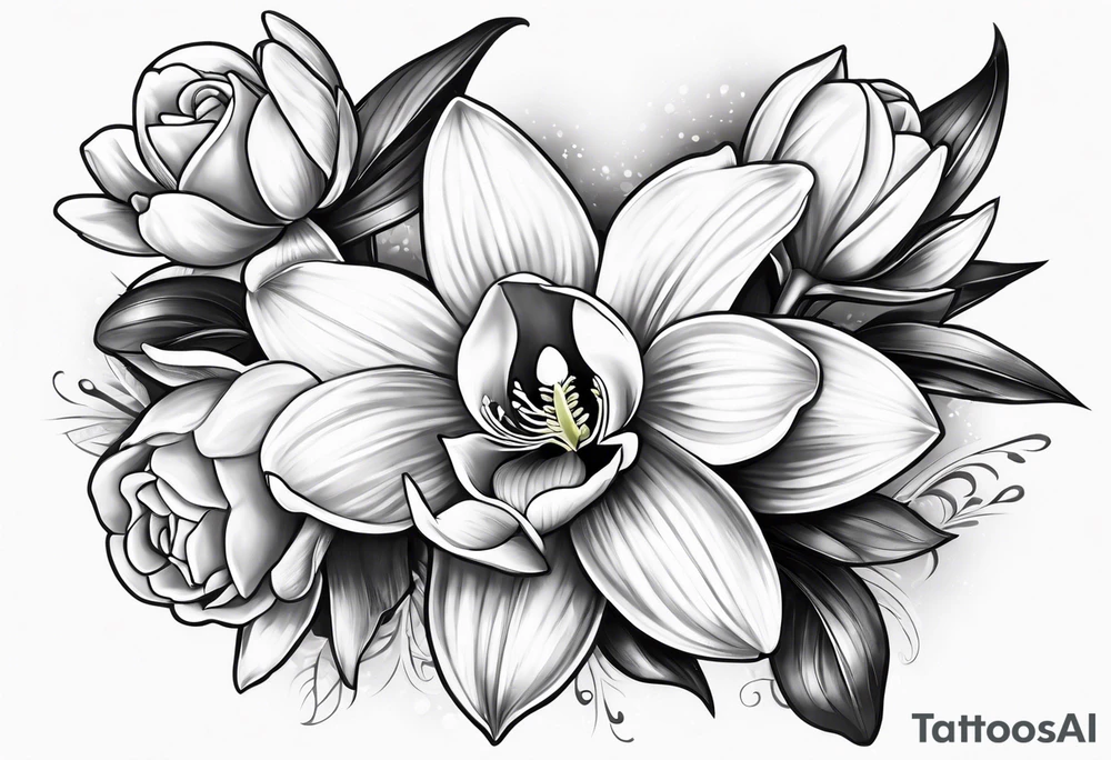 One Cymbidium orchid in the middle with a rose on each side tattoo idea