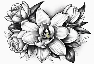 One Cymbidium orchid in the middle with a rose on each side tattoo idea