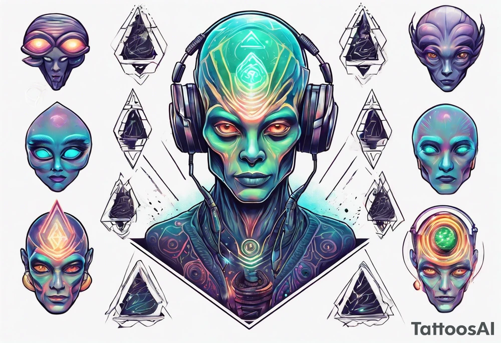 A realistic portrait of an extraterrestrial DJ with a glowing pineal gland tattoo idea