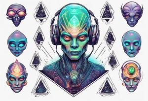 A realistic portrait of an extraterrestrial DJ with a glowing pineal gland tattoo idea